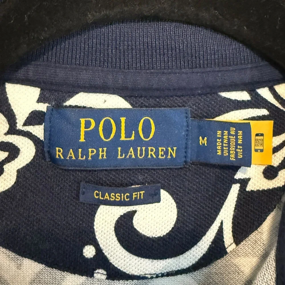 Polo Ralph Lauren French Floral Mesh Polo Shirt Navy Cream Red Pony Mens Sz M